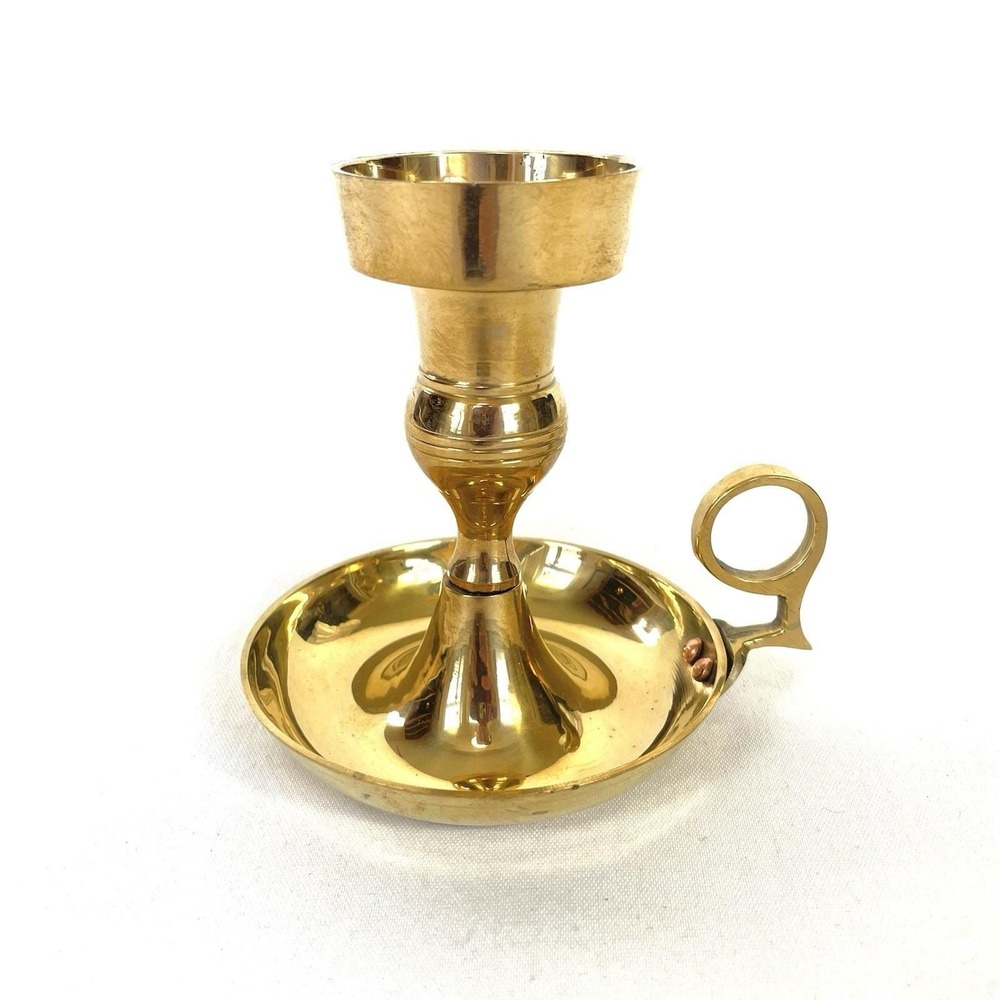 Vintage Brass Chamberstick Candle Holder Finger Loop Saucer Made in India